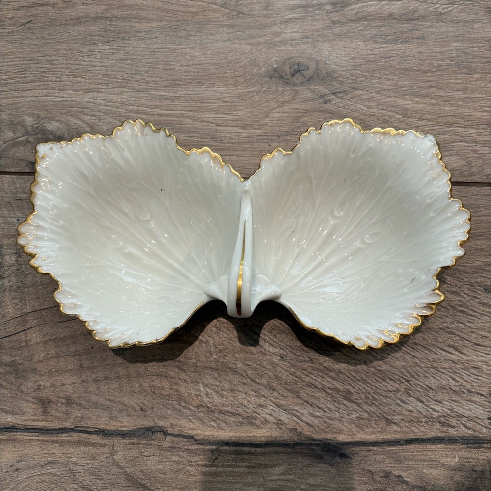 Ivory Lenox 24K Gold Trim Double Leaf Bowl With Handle